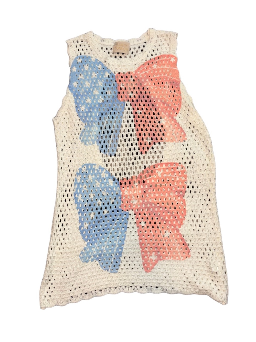 Judith March White Crochet Tank with Red and Blue Bow Accents